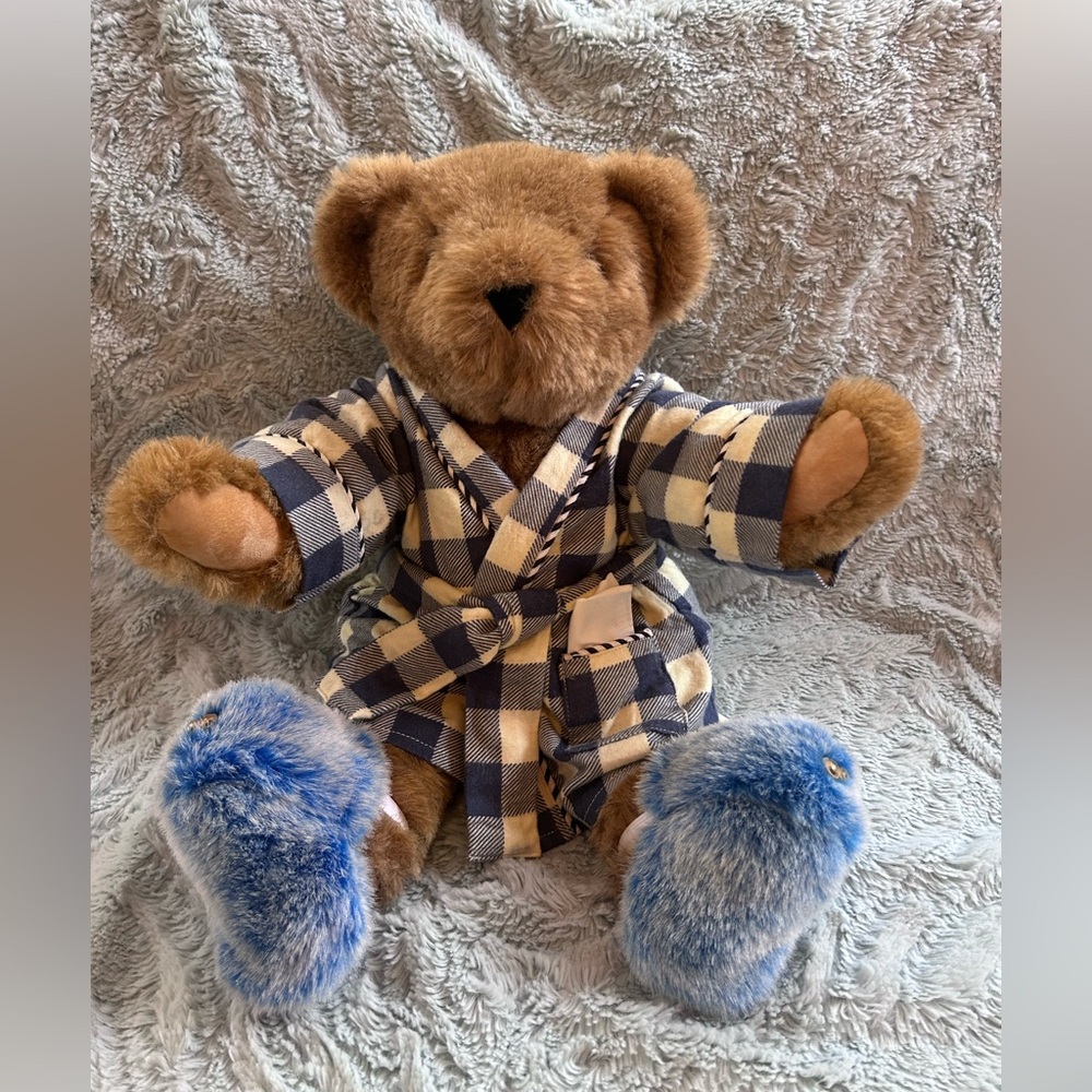 Vermont Teddy Bear with Plaid Robe and Fuzzy Slippers!